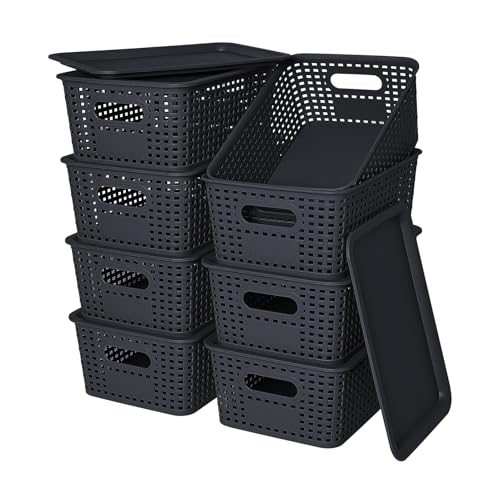 Plastic Storage Baskets with Lid-Plastic Storage Containers Stackable Storage bins: Storage Baskets for Organizing Shelves Drawers Desktop Closet Playroom Classroom Office, 8Pack-Black10.2x7.2x4.1Inch
