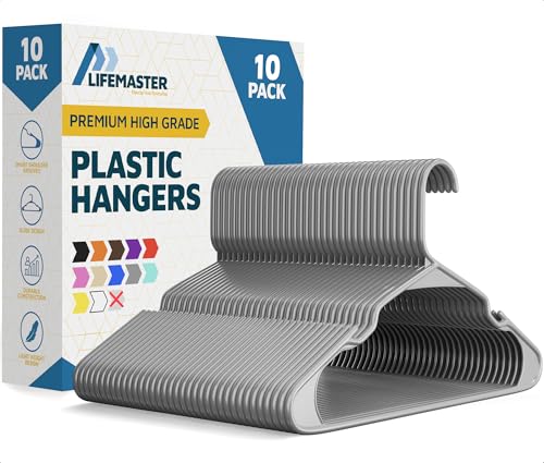 Lifemaster Plastic Clothes Hangers – Heavy Duty Hanger Set, for Organizing Clothes, Dresses, and Coat, Holds Up to 5 lbs, Space-Saving Hangers with Non-Slip Shoulder Grooves, Pack of 10, Gray