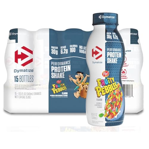 Dymatize Performance Protein Shake, Fruity Pebbles, 30g Protein, 6.1g BCAA for Muscle Recovery, No Added Sugar, Low Fat, 24 Vitamins & Minerals, Gluten-Free, Ready to Drink, On-the-Go Snack, 11.5 fl oz, 15 pack