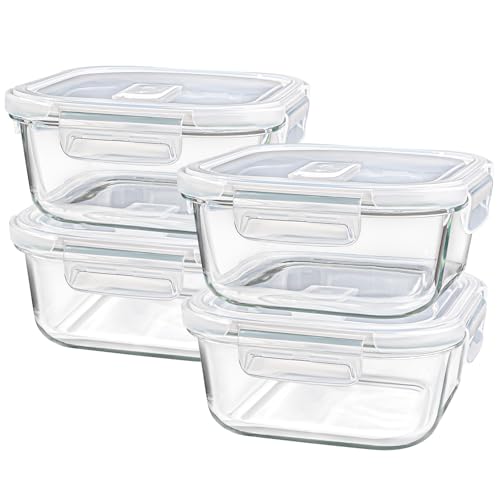 Susukkie Square Glass Containers with Lids 24oz - Borosilicate Glass Food Storage Set 3 Cup, Freezer Safe Meal Prep Containers, Sandwich Lunch Box, Yogurt Cereal Bowls with Vented Lids BPA Free 4 Pack