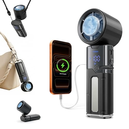 Portable Handheld Turbo Fan with Cooling Plate and Retractable USB-C Cable, 6000mAh Rechargeable, Powerful 100-Speed Wind, LED Display,135° Adjustable, Summer Essential for Travel/Outdoor/Office
