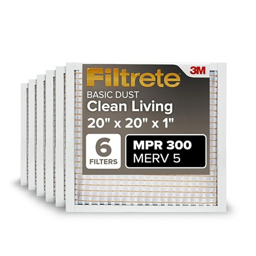 Filtrete 20x20x1 Air Filter MERV 5, 6-Pack AC Furnace HVAC, MPR 300 Basic Dust Defense, Pleated Electrostatic, Removes Lint
