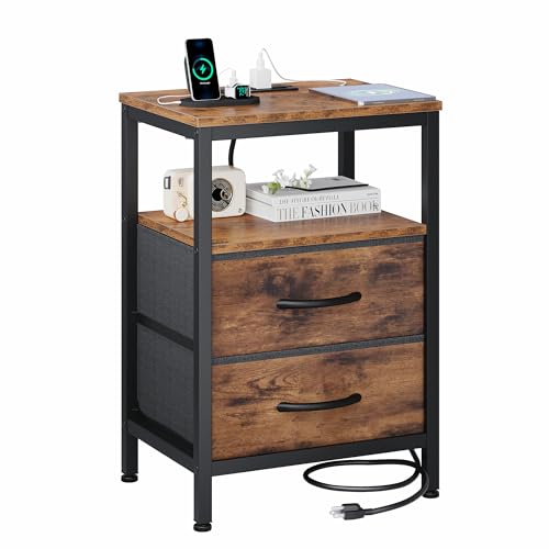 OLIXIS Nightstand with Charging Station, Bedside Table with USB Ports & Type-C, 2 Fabric Drawers Night Stand with Open Shelf, Compact End Table for Bedroom, Rustic Brown
