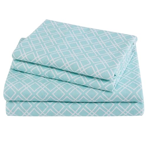 Comfort Spaces Cotton Flannel Sheets Twin Size, Ultra Soft Flannel Sheet Set with 12" Elastic Pocket , Breathable Warm Flannel Bedding, Aqua Geo 3 Piece