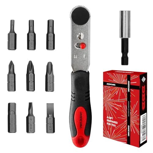 IRONCUBE Angle Ratchet Screwdriver Set: 10 Piece Magnetic Bit with 90 degree Mini Offset Low Profile Reversible Drive Handle - Stocking Stuffers with Gift Box