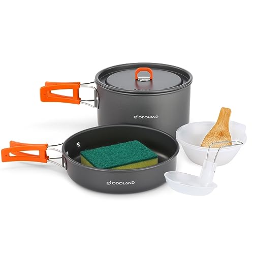 Odoland 9pcs Camping Cookware Non-Stick Lightweight Camping Pots and Pans Set with Plastic Bowls Soup Spoon for Camping, Backpacking, Outdoor Cooking and Picnic