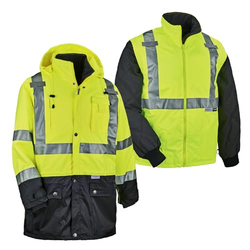 Ergodyne 8388 High Visibility Reflective Thermal Jacket Set, Includes Outer Rain Shell & Thermal Jacket with Zip Off Sleeves