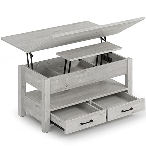 Rolanstar Coffee Table Lift Top, Multi-Function Convertible Coffee Table with Drawers and Hidden Compartment, Converts to Dining Table for Living Room, Home Office,Grey
