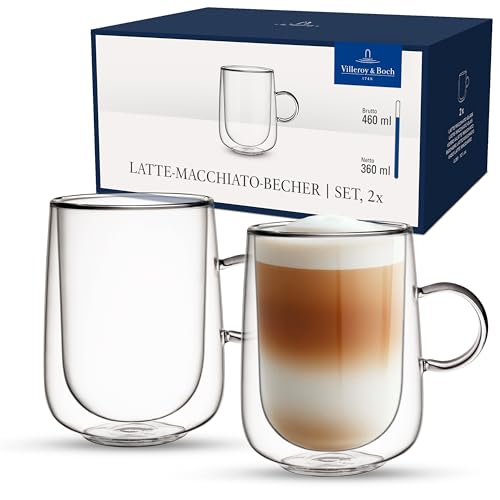 Villeroy & Boch Artesano Hot & Cold Beverages Latte Macchiato Glass Large, Set of 2 Glasses, Double-Walled Glasses for Cold and Hot Beverages, Borosilicate Glass, Dishwasher-Safe, Microwave-Safe
