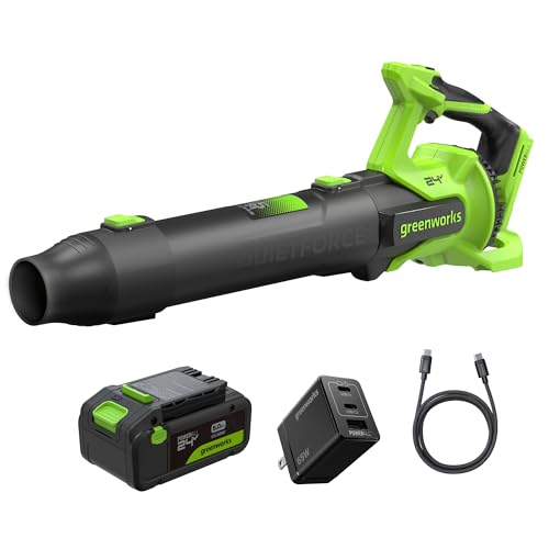 Greenworks 24V (515 CFM / 130 MPH) Brushless Axial Leaf Blower, Extreme Air Volume for Wet Leaves, Heavy Debris and Driveway Cleanup, Includes 5.0Ah USB-C Battery and GaN Charger