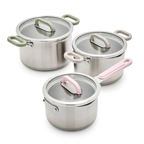 BK Twisting by Greenlife Stainless Steel 6 Piece Locking Lid Cookware Set, Built in Strainer, Induction Pots & Pans, Drip-Free Pour Spouts, Silicone Handles, Saucepan, Stock Pot, Dishwasher Safe