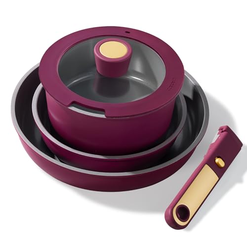 CAROTE Ceramic Pots and Pans Set, Nonstick Cookware Set Detachable Handle, 6pcs Induction Kitchen Cookware Sets Non Stick with Removable Handle, RV Cookware Set, Oven Safe, Purple
