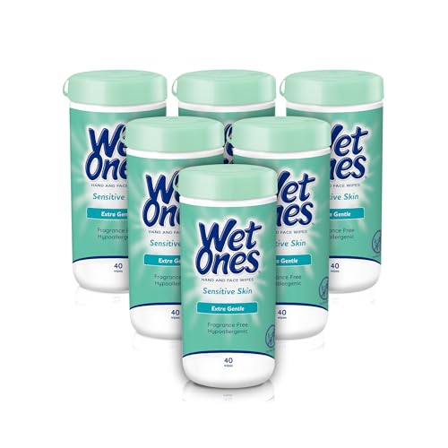 Wet Ones Hand and Face Wipes, Sensitive Skin, Unscented, Hand and Face, 40ct Canister (6 pack)