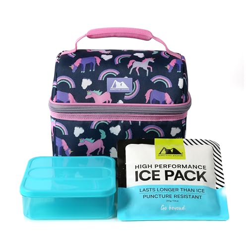 Arctic Zone Kids Lunch Box Combo with Gel Ice Pack and Sandwich Container, 2 Compartment Insulated Bucket for Travel Lunch, Unicorn Princess