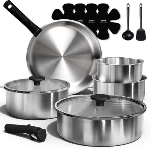 CAROTE Pots and Pans Set, Stainless Steel Cookware Set Detachable Handle, 15pcs Induction Kitchen Cookware Sets with Removable Handle, RV Cookware Set, Oven Safe