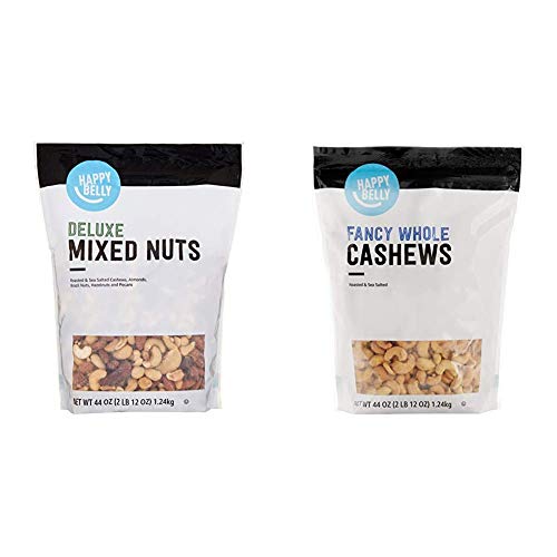 Amazon Brand Happy Belly Deluxe Mixed Nuts (44 Ounce) and Fancy Whole Cashews (2.75 Pound)