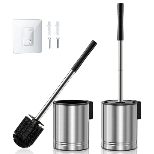 HAMITOR Toilet Brush and Holder Set: 2 Pack Stainless Steel Rustproof Kits with Deep Cleaning Bristles - Hidden Toilet Cleaner Scrubber for Homeowners - Compact Bathroom Accessories for Home RV Silver