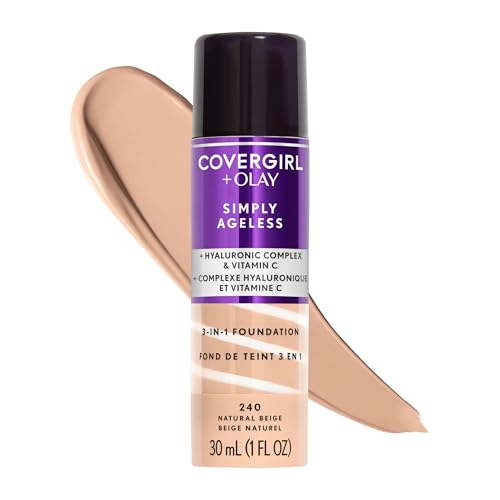 COVERGIRL & Olay Simply Ageless 3-in-1 Liquid Foundation, Matte Finish, Hyaluronic & Vitamin C Formula, 240 Natural Beige, 1 Count