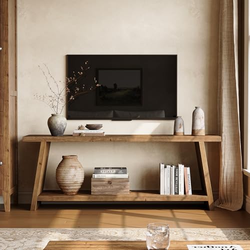 LITTLE TREE Solid Wood TV Stand, Farmhouse Media Console for 55/60/65 inch TV, 2-Tier Mid-Century Modern TV Stand with Storage, for Living Room, Entertainment Center (Walnut, 63-Inch)