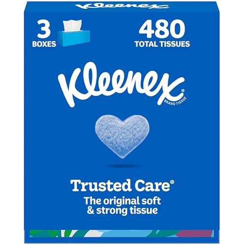 Kleenex Trusted Care Facial Tissues, 3 Flat Boxes, 160 Tissues per Box, 2-Ply (480 Total), Packaging May Vary
