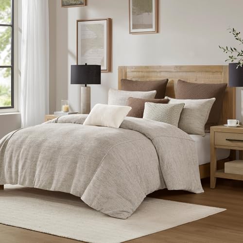 Madison Park Comforter Set Chenille Jacquard, Cotton Reverse, Oversized Comforters, Removable Cover, All Season Bedding, Decor Pillows, Chapman, Queen Ivory/Neutral 8 Piece