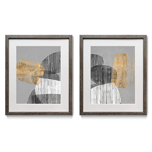 Abstract Wall Art, Rustic Silver Distressed Frame 2-Piece Wall Décor Set: Neutral, Geometric, Floral, Botanical, Modern, Contemporary, Home & Office, Ready to Hang 16x20 - Gray Adjacent Shapes