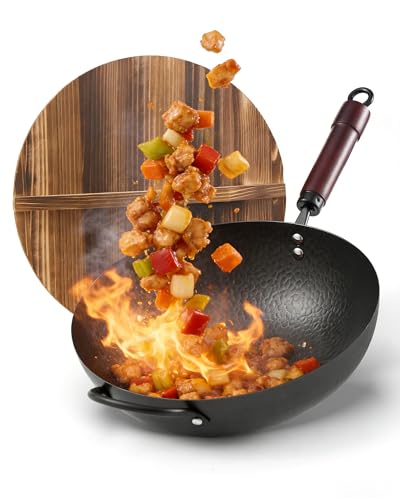 Wok Pan, Carbon Steel Wok, Woks & Stir-Fry Pans Nonstick, 13 Inch Wok Pan with Wooden Lid, Pre-Seasoned Carbon Steel Cookware, 5.8QT Flat Bottom Chinese Wok Paella Pan, Compatible with All Cooktops