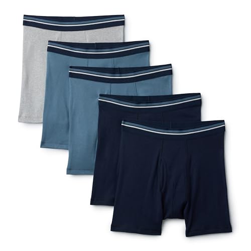 Amazon Essentials Men's Breathable Cotton Underwear Boxer Briefs, Tag-Free, Pack of 5, Deep Blue / Navy / Light Heather Grey, X-Large