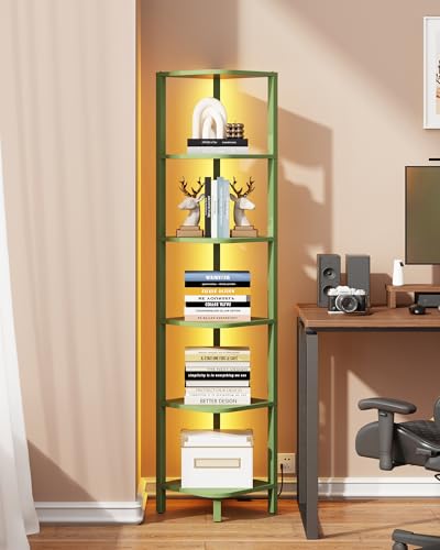 TUTOTAK Corner Shelf with LED Light, 6-Tier Corner Bookshelf for Small Space, Narrow Display Corner Shelf Stand with Storage Rack, for Living Room, Bedroom, Olive Green BS08BOG006L
