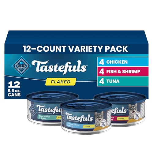 Blue Buffalo Tastefuls Flaked Adult Wet Cat Food Variety Pack (Tuna, Chicken, Fish & Shrimp), Natural Ingredients Enhanced with Vitamins, Minerals & Other Nutrients, 5.5-oz. Each (12 Cans)