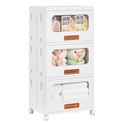 VECELO Storage Cabinet with Drawer, Pull-Out Stackable Bins with Wheels, Waterproof Modular Organizer, Multi-Tier Closet Storage for Bedroom, Living Room & Bathroom, Medium 3-Tier