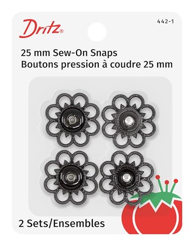 Dritz 442-1 Sew-On Snaps with Flower Design, Black, Size 25mm 2-Sets