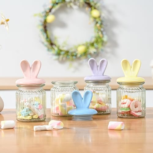 FESTGLOX Glass Easter Candy Jars with Ceramic Bunny Ear Lids, 4Pcs Sealing Bunny Jars in Pastel Colors for Storage, Mini Eggs, Cookies, Tray, Table Centerpiece, Kitchen, Home Spring Decor