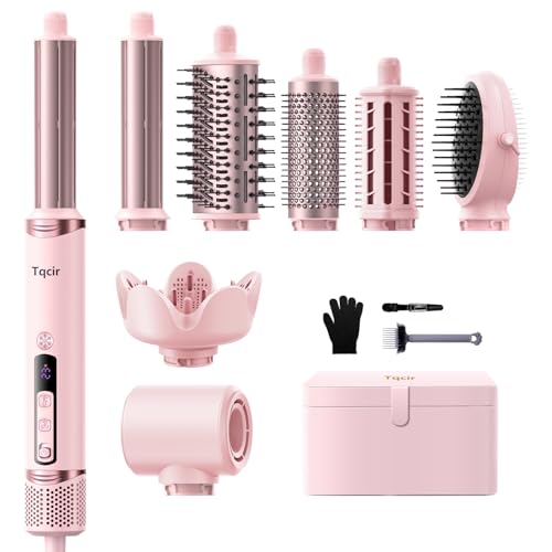 Tqcir 8-in-1 Professional Hot Air Styler&Hair Dryer Brush, Powerful Multi-Styler with Auto-Wrap Curler with Storage Case, Fast Drying Curling Straightening Volumizing Without Heat Damage(Pink)