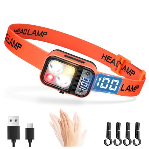 DARKBEAM LED Headlamp High Lumens USB Rechargeable Dual Light Headlight for Hardhat with Motion Sensor, Digital Power Display, Up/Down Adjustable, Waterproof Head Lamps for Camping, Car Maintenance