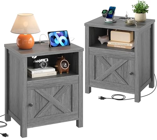 Marsail Farmhouse Nightstand Set of 2 with Charging Station, Wood Bedside Table with USB Port & AC Outlet, Open Shelf and Enclosed Cabinet, Side Table with Storage for Bedroom, Grey