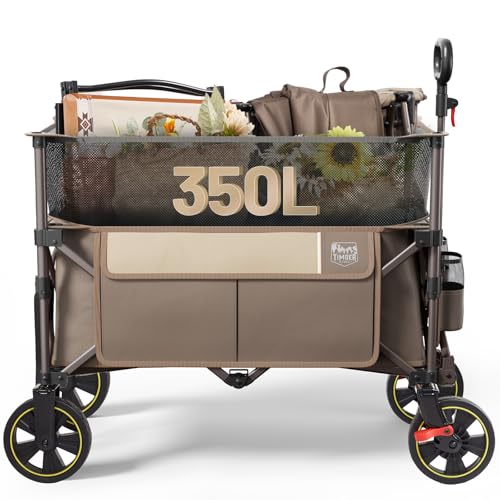 Timber Ridge 350L Extra Large Collapsible Folding Wagon Carts with Brake, Heavy Duty Outdoor Camping Utility Wagons with Extended Height, Adjustable Handle, Cup Holders, Side Bag(Tan)