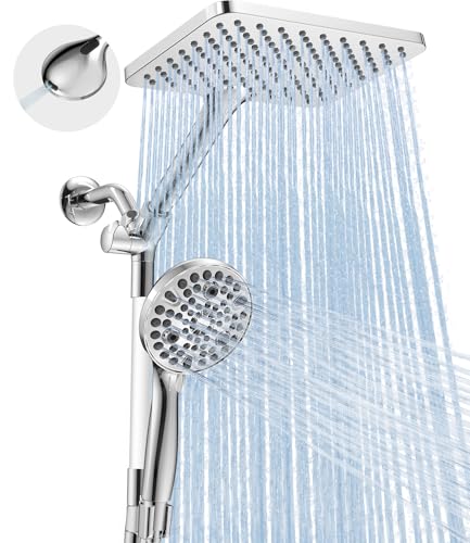 Dual Handheld Shower Head Combo, 2-in-1 Rain Shower Heads System Wide Rainfall Shower Head and 10 Modes High Pressure Hand Held Showerhead with Built-in Power Wash - Chrome