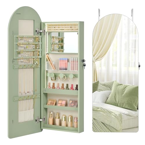 SONGMICS Wide Jewelry Organizer, LED Jewelry Cabinet Wall/Door Mounted, Arched Mirror with Storage, Lockable, Rounded Corner, Interior Mirror, 3.9 x 16.5 x 42.5 Inches, Laurel Green UJJC020C01S