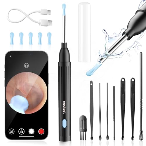 NEATEST Ear Wax Removal Tool with Camera, 1296P HD Wireless Otoscope, 6 LED Lights, IP67 Waterproof, Rechargeable 8 Pcs Ear Cleaning Kit for iOS & Android (Black)