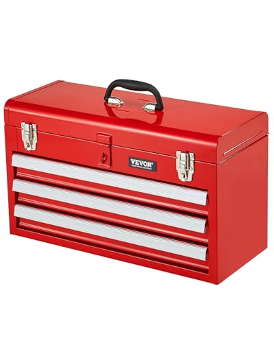 VEVOR Metal Tool Box, 20.5-inch, Portable Metal Tool Box with 3 Drawers, Small Tool Chest with EVA Liners, Ball Bearing Slide Drawers Locking & Powder Coated Finish, Multi-Function Tool Organizer, Red