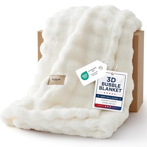Bedsure 3D Fleece Bubble Blanket for Couch - GentleSoft Cute White Throw Blanket for Sofa Bed Room Decor - Luxury Soft Cozy Cloud Blanket Mothers Gifts for Women, Lightweight, Off White, 50"×60"