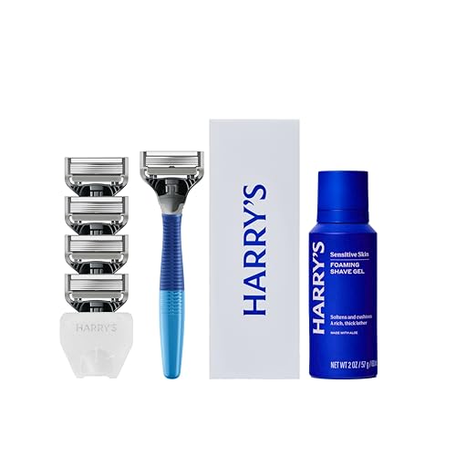 Harry's Original Shaving Kit for Men - Razor Handle, 5 Razor Blade Refills, Foaming Shave Gel, and Travel Blade Cover - TSA Approved Travel Essentials - German Engineered - Ocean Blue