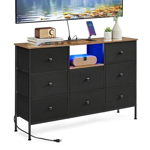 SONGMICS Dresser for Bedroom, Fabric Dresser with Power Outlets and LED Lights, TV Stand for up to 60 Inch TVs, 25 Colors, 11.8 x 47.2 x 31.3 Inches, Ink Black and Rustic Brown ULTS518B01