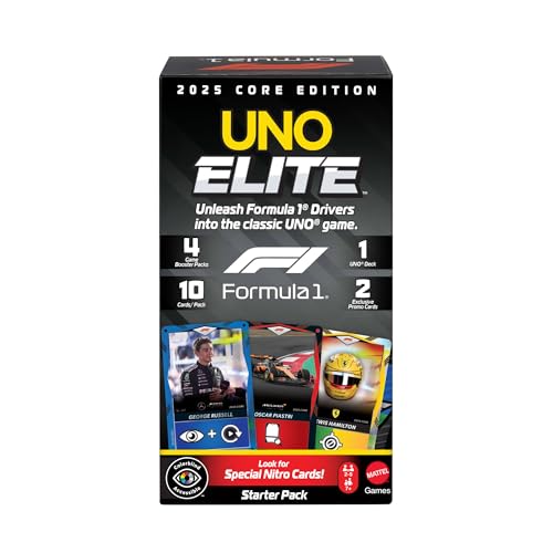 Mattel Games UNO Elite Formula 1 2025 Core Edition Starter Pack Card Game with 4 Game Booster Packs & 2 Promo Cards for Kids, Fans, Families & Game Night