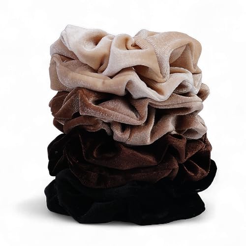 Velvet Scrunchies for Women – 8PCS Neutral Large Hair Ties – Black, Blonde, Dark Brown, Light Brown – No Crease, Frizz-Free, Soft & Gentle Elastic Hair Bands, Everyday Hair Accessories Gifts