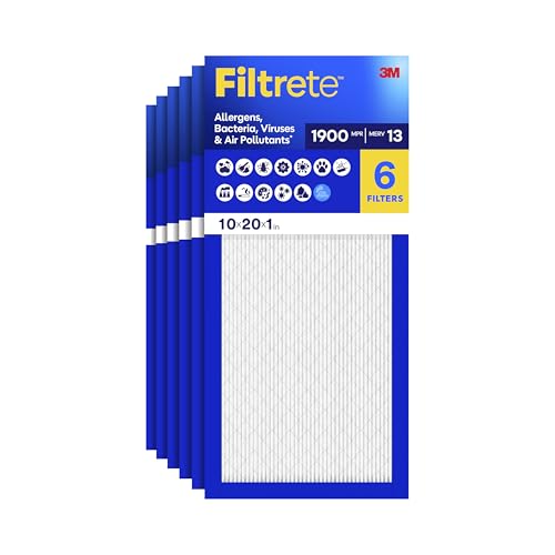 Filtrete 10x20x1 Air Filter, MERV 13 MPR 1900, Allergens, Bacteria, Viruses & Air Pollutants, 3-Month AC/Furnace Filters, Cleaner Air Reliable Airflow, 6 HVAC Filters(Act Size 9.81x19.81x0.78 in)