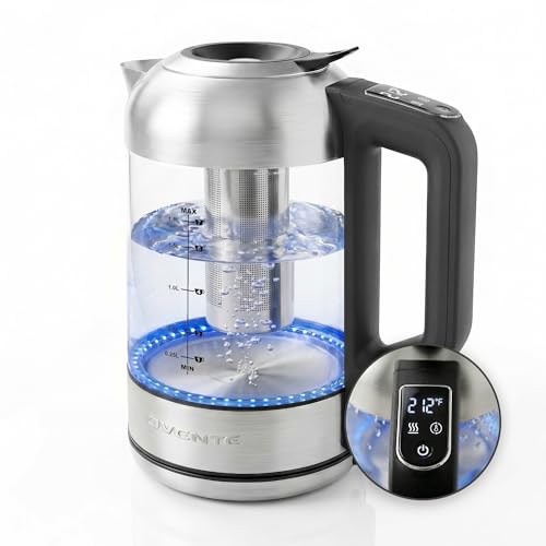 OVENTE Digital Glass Electric Kettle with Temperature Control, 1.8L Cordless Electric Tea Kettle with 7 Presets, Water Boiler Electric Pot, Keep Warm Function, Auto Shut-Off, Silver KGD752S