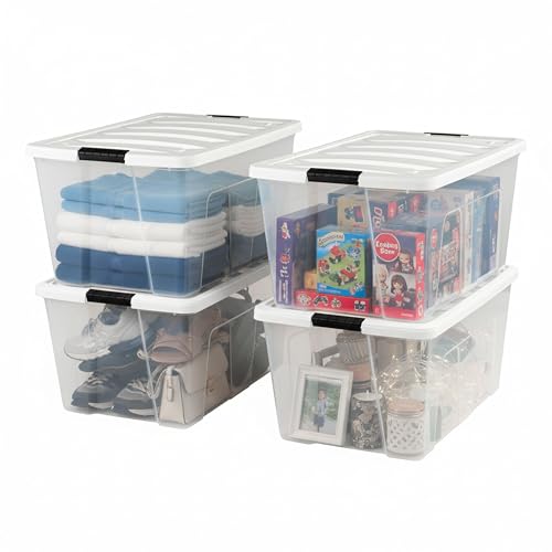 IRIS USA 94 Qt Stackable Plastic Storage Bins with Lids, 4 Pack - BPA-Free, Made in USA - See-Through Organizing Solution, Latches, Durable Nestable Containers, Secure Pull Handle - Clear/White