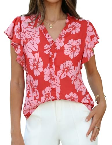 GRACE KARIN 2026 Boho Tops for Women Dressy Casual,Ruffle Sleeve Chiffon Blouses,V Neck Summer Fashion Clothes Red Pink S